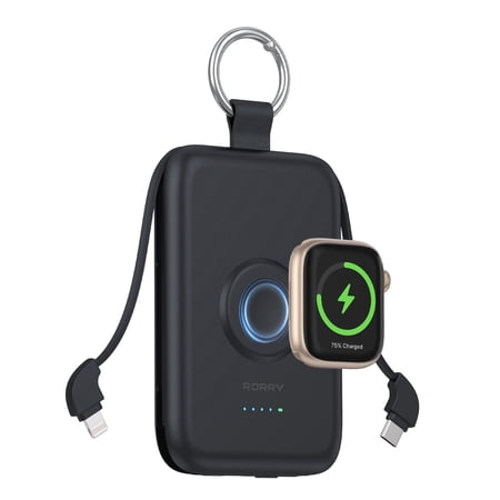 RORRY 10000mAh Portable Charger with Built-in Cables, 20W Fast Charging Portable Charger Power Bank Compatible with iPhone 17/16/15/14, Apple Watch,Samsung & Android Phones,Black