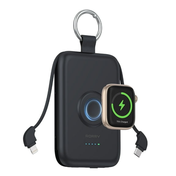RORRY 10000mAh Portable Charger with Built-in Cables, 20W Fast Charging Portable Charger Power Bank Compatible with iPhone 17/16/15/14, Apple Watch,Samsung & Android Phones,Black