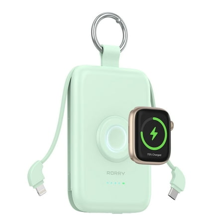 RORRY 10000mAh Portable Charger with Built-in Cables, 20W Fast Charging Portable Charger Power Bank Compatible with iPhone 17/16/15/14, Apple Watch,Samsung & Android Phones,Green