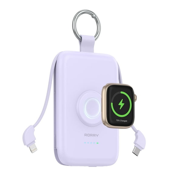 RORRY 10000mAh Portable Charger with Built-in Cables, 20W Fast Charging Portable Charger Power Bank Compatible with iPhone 17/16/15/14, Apple Watch,Samsung & Android Phones,Purple
