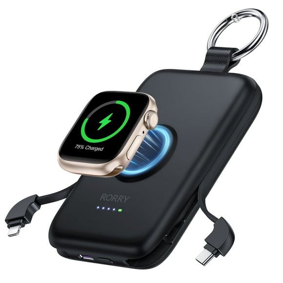 RORRY Portable Charger 10000mAh Compatible with iPhone 16/15/14/13/12 and Apple Watch, AirPods - 20W Fast Charging Portable Charger Power Bank with Built in Cable-Travel Power Bank， Black