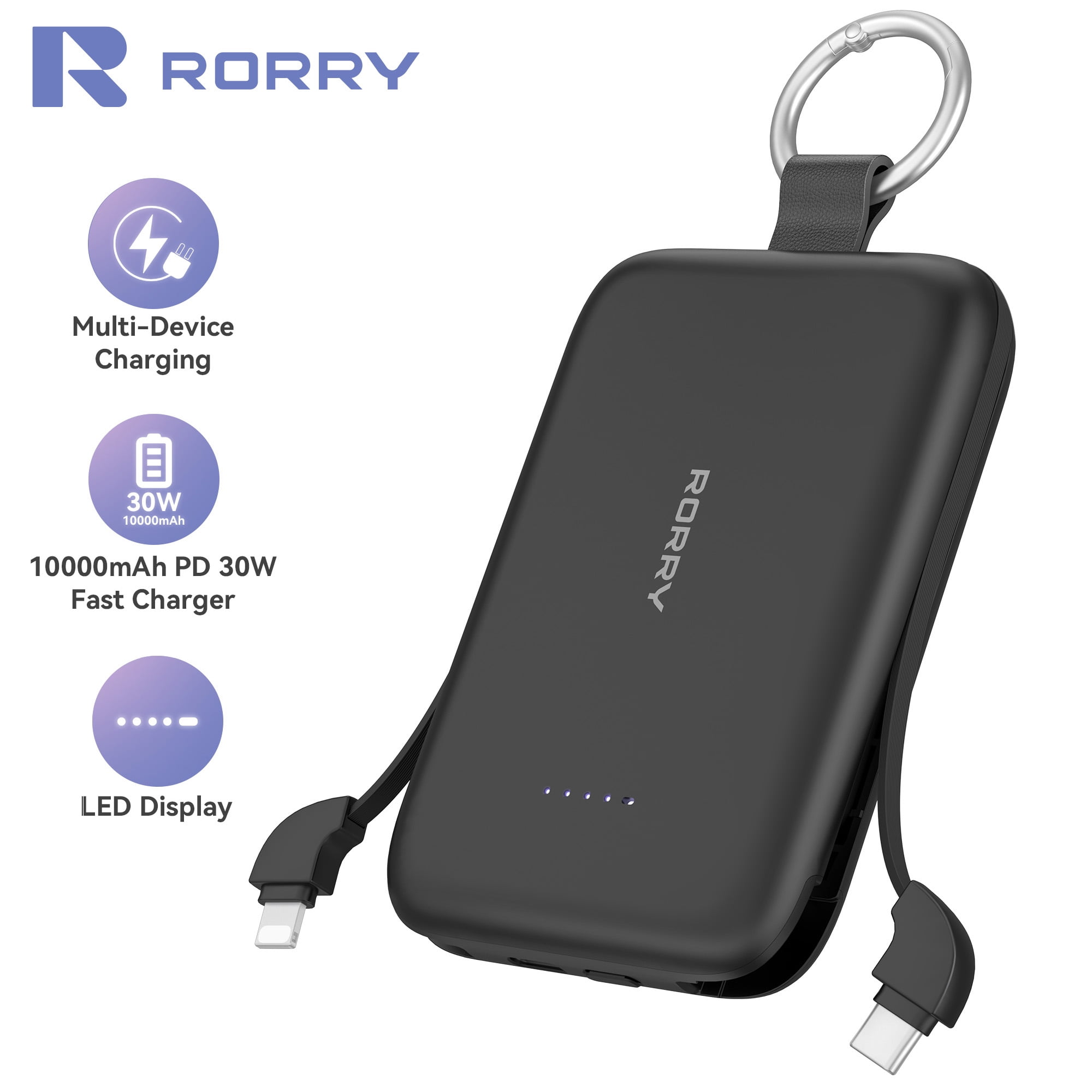 RORRY Portable Charger, 10000mAh PD 30W Power Bank with Built-in Cables, Fast Charging Battery Pack, Travel Essential Phone Power Bank for iPhone, Android, iPad, Galaxy and More,Black