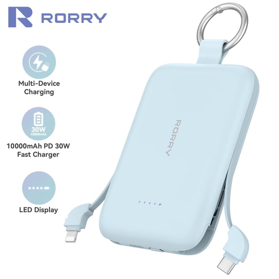 RORRY Portable Charger, 10000mAh PD 30W Power Bank with Built-in Cables, Fast Charging Battery Pack, Travel Essential Phone Power Bank for iPhone, Android, iPad, Galaxy and More,Blue