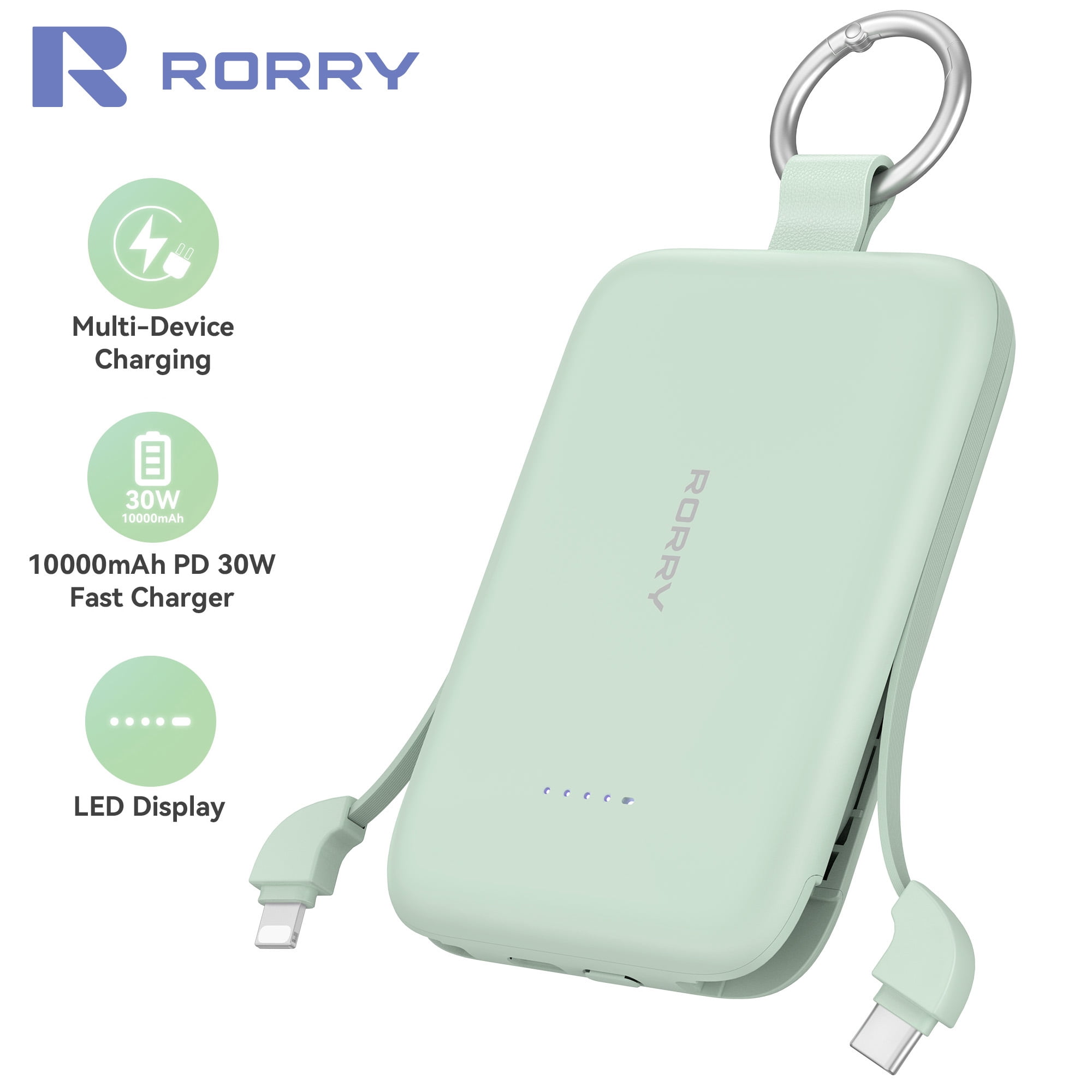 RORRY Portable Charger, 10000mAh PD 30W Power Bank with Built-in Cables, Fast Charging Battery Pack, Travel Essential Phone Power Bank for iPhone, Android, iPad, Galaxy and More,Green