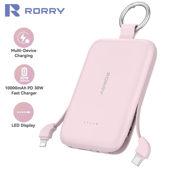 RORRY Portable Charger, 10000mAh PD 30W Power Bank with Built-in Cables, Fast Charging Battery Pack, Travel Essential Phone Power Bank for iPhone, Android, iPad, Galaxy and More,Pink