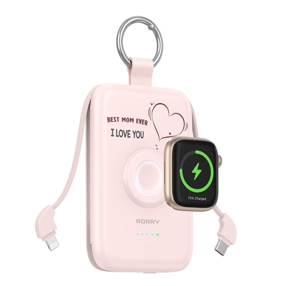 RORRY Portable Charger 10000mAh, Power Bank with Built-in Cables & Apple Watch Magnetic Charger, 20W Fast Charging Travel Charger for iPhone 17/16/15/14, Apple Watch, Samsung & Android, Mom-Pink