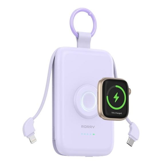 RORRY 10000mAh Portable Charger with Built-in Cables, 20W Fast Charging Power Bank Compatible with iPhone 17/16/15/14, Apple Watch,Samsung & Android Phones,Purple with Purple Keychain