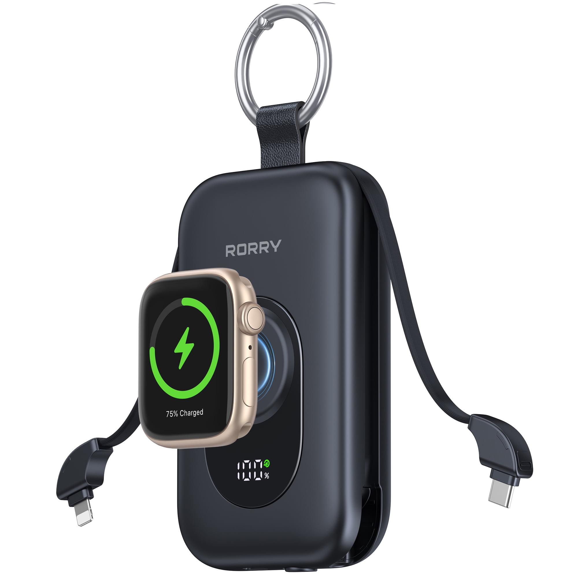 RORRY Portable Charger 20000mAh, PD 30W Fast Charging Power Bank with Built-in Cables & Apple Watch Charger, Travel Essential Battery Pack for iPhone/iPad, Black