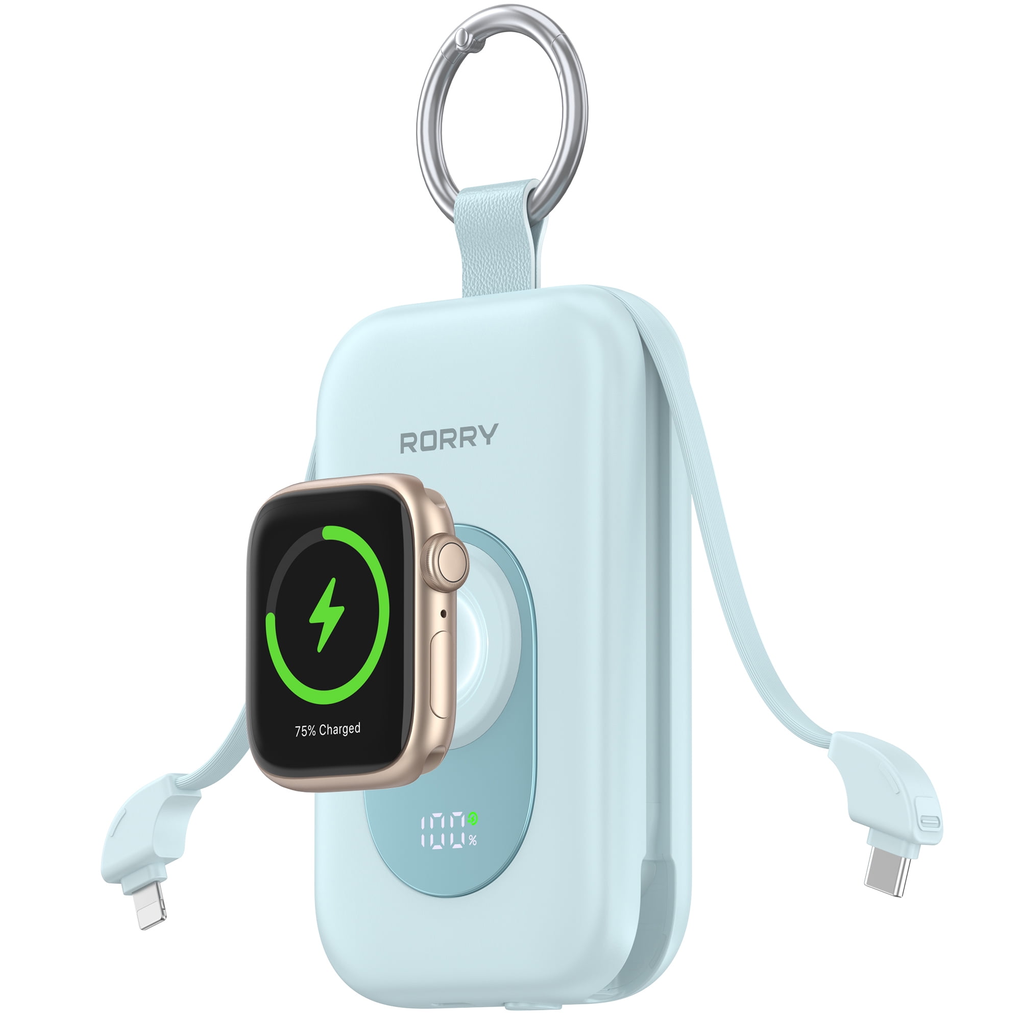 RORRY Portable Charger 20000mAh, PD 30W Fast Charging Power Bank with Built-in Cables & Apple Watch Charger, Travel Essential Battery Pack for iPhone/iPad, Blue