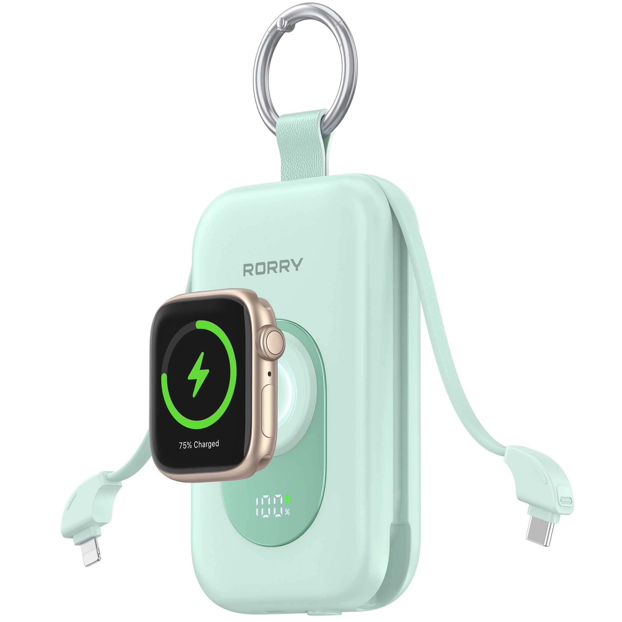 RORRY Portable Charger 20000mAh, PD 30W Fast Charging Power Bank with Built-in Cables & Apple Watch Charger, Travel Essential Battery Pack for iPhone/iPad, Green