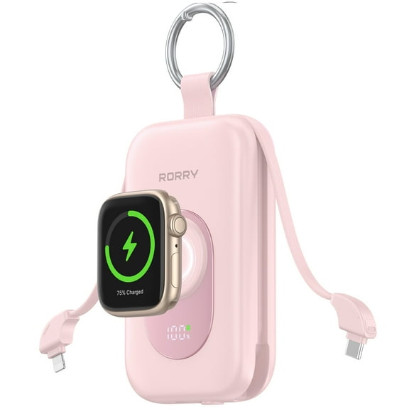 RORRY Portable Charger 20000mAh, PD 30W Fast Charging Power Bank with Built-in Cables & Apple Watch Charger, Travel Essential Battery Pack for iPhone/iPad, Pink