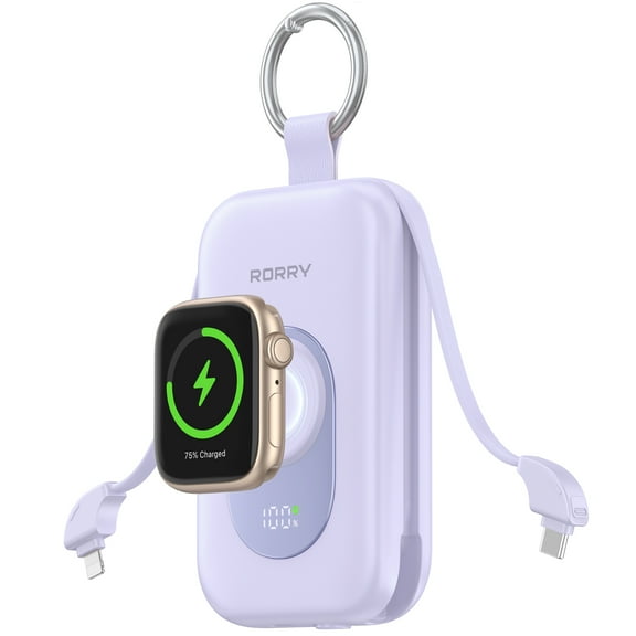 RORRY Portable Charger 20000mAh, PD 30W Fast Charging Power Bank with Built-in Cables & Apple Watch Charger, Travel Essential Battery Pack for iPhone/iPad, Puple
