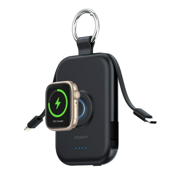 RORRY Portable Charger, 5000mAh Power Bank - Apple Watch Charger with Built-in Cables,Travel-Ready Portable Charger for iPhone 17/ 16/15/14 ,Android ,Apple Watch Ultra2/11/10/9/8, Black
