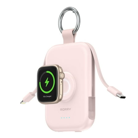 RORRY Portable Charger, 5000mAh Power Bank - Apple Watch Charger with Built-in Cables,Travel-Ready Portable Charger for iPhone 17/ 16/15/14 ,Android ,Apple Watch Ultra2/11/10/9/8, Pink