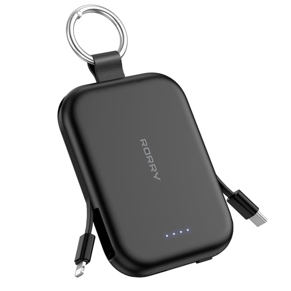 RORRY 5000mAh Portable Charger Power Bank with Built-in Cables, Mini Keychain Charger Battery Pack for iPhone, Android, Samsung, and More – Compact Travel Power Bank, Black