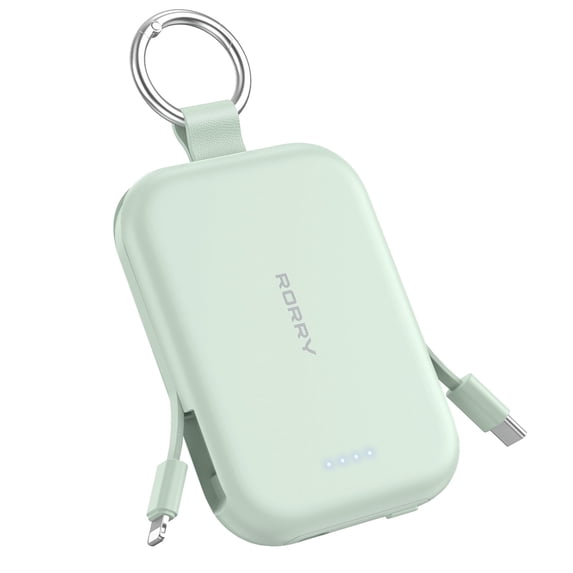 RORRY 5000mAh Portable Charger Power Bank with Built-in Cables, Mini Keychain Charger Battery Pack for iPhone, Android, Samsung, and More – Compact Travel Power Bank, Green