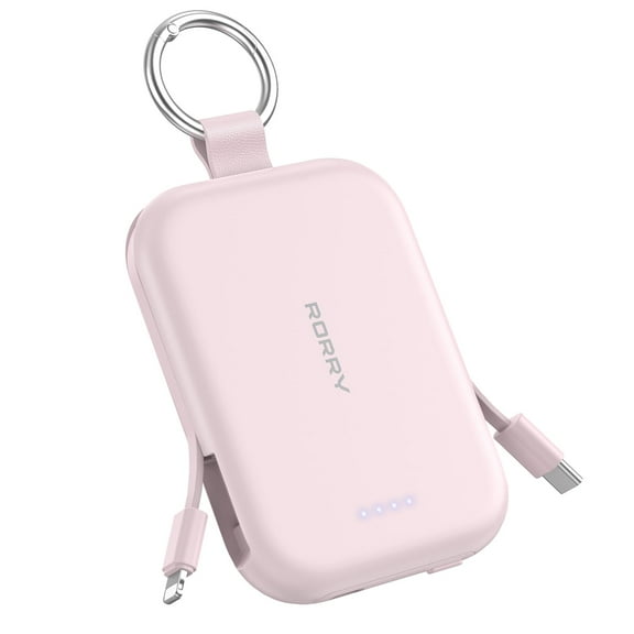 RORRY 5000mAh Portable Charger Power Bank with Built-in Cables, Mini Keychain Charger Battery Pack for iPhone, Android, Samsung, and More – Compact Travel Power Bank, Pink