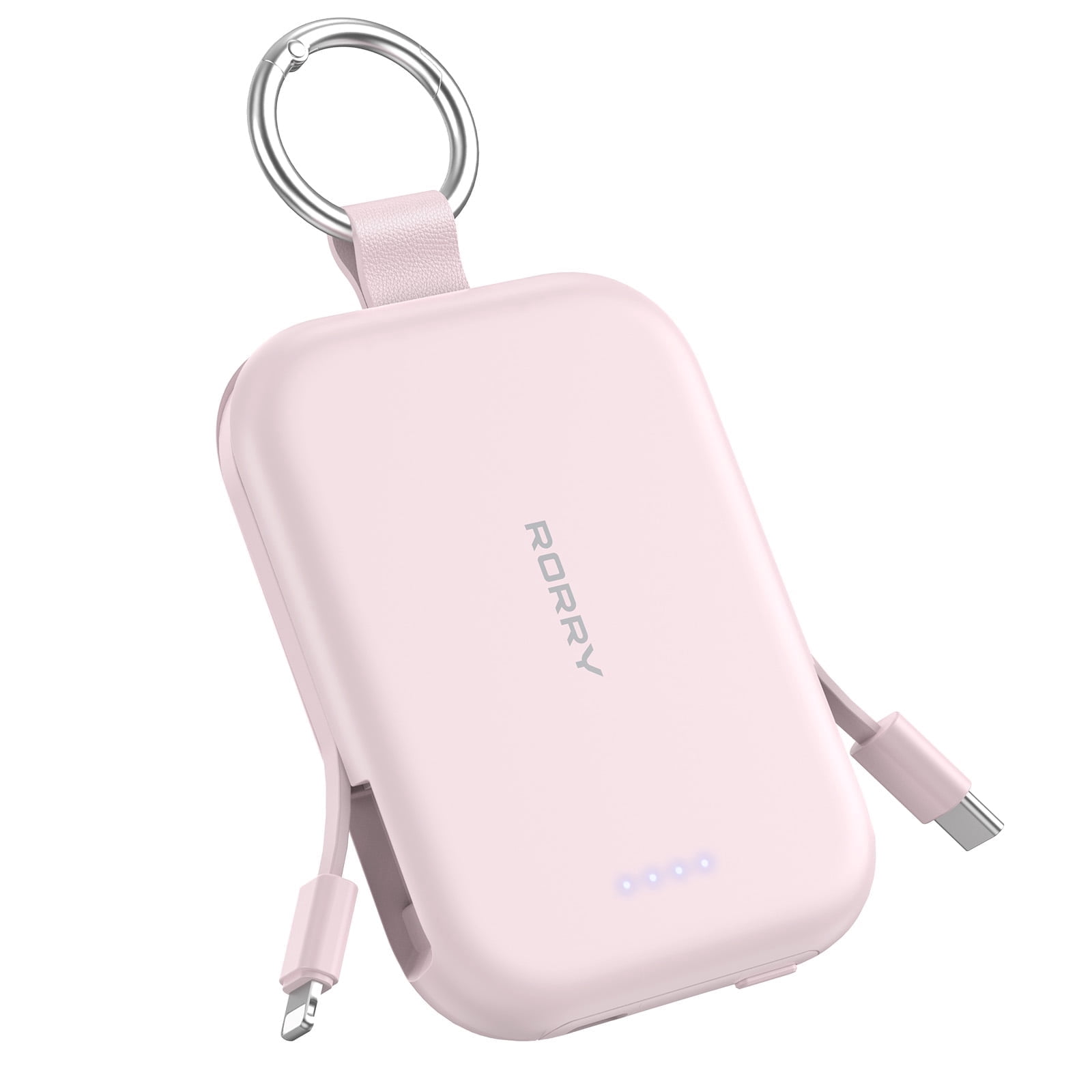 RORRY 5000mAh Portable Charger Power Bank with Built-in Cables, Mini Keychain Charger Battery Pack for iPhone, Android, Samsung, and More – Compact Travel Power Bank, Pink