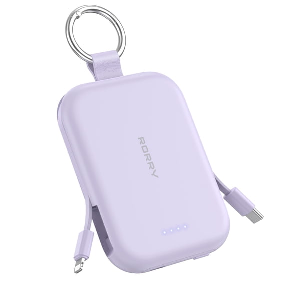 RORRY 5000mAh Portable Charger Power Bank with Built-in Cables, Mini Keychain Charger Battery Pack for iPhone, Android, Samsung, and More – Compact Travel Power Bank, Purple