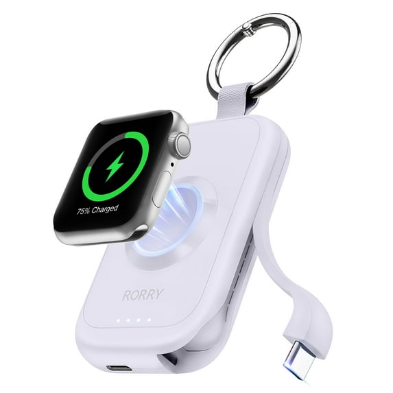 RORRY Portable Charger for Apple Watch, 2500mAh Wireless Magnetic iWatch Charger, Travel Keychain Power Bank with Built-in USB C Cable for iWatch Series 10/9/8/7/6/5/4/3/2/Ultra 2, Purple