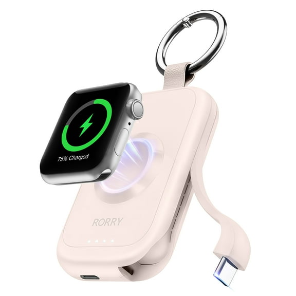 RORRY Portable Charger for Apple Watch, 2500mAh Wireless Magnetic iWatch Charger, Travel Keychain Power Bank with Built-in USB C Cable for iWatch Series 10/9/8/7/6/5/4/3/2/Ultra 2, Pink