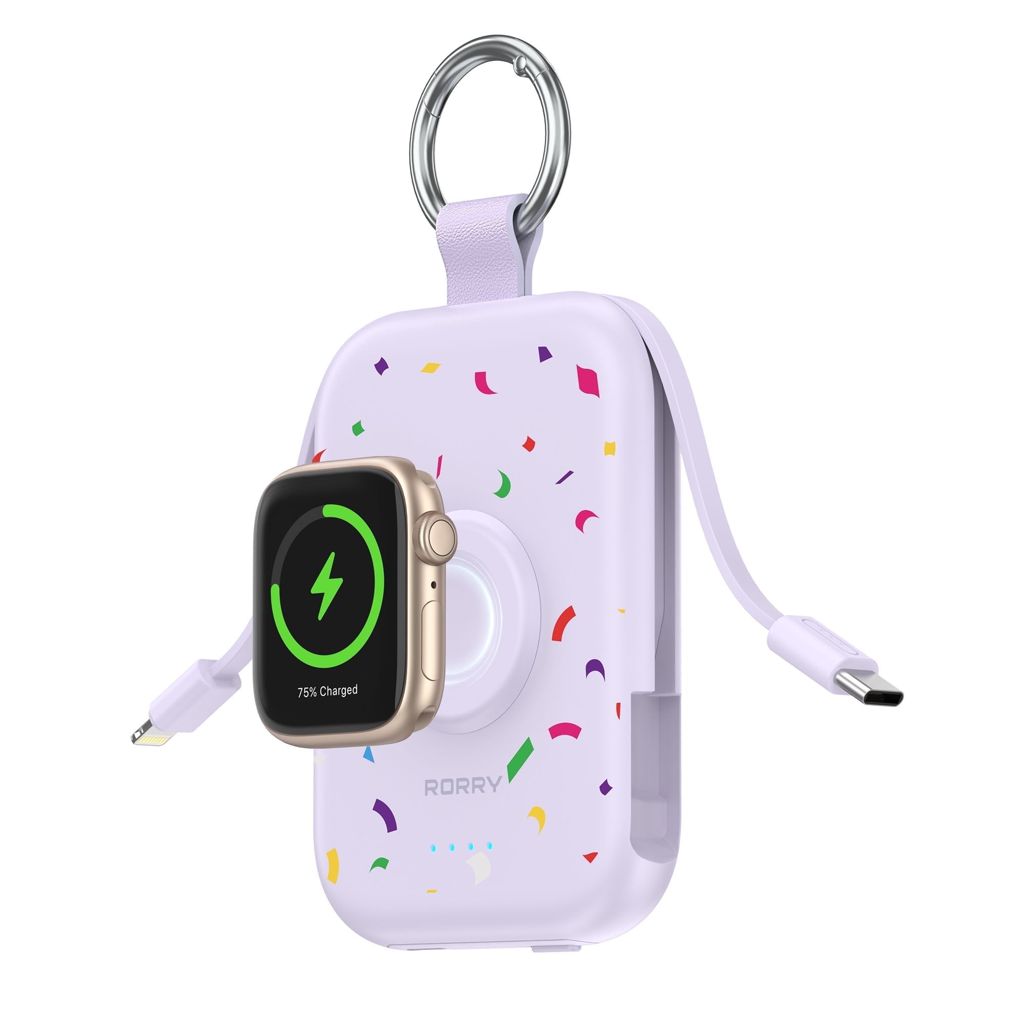RORRY Portable Charger, 5000mAh Power Bank - Apple Watch Charger with Built-in Cables,Travel-Ready Portable Charger for iPhone 17/ 16/15/14 ,Android ,Apple Watch Ultra2/11/10/9/8, Confetti-Purple
