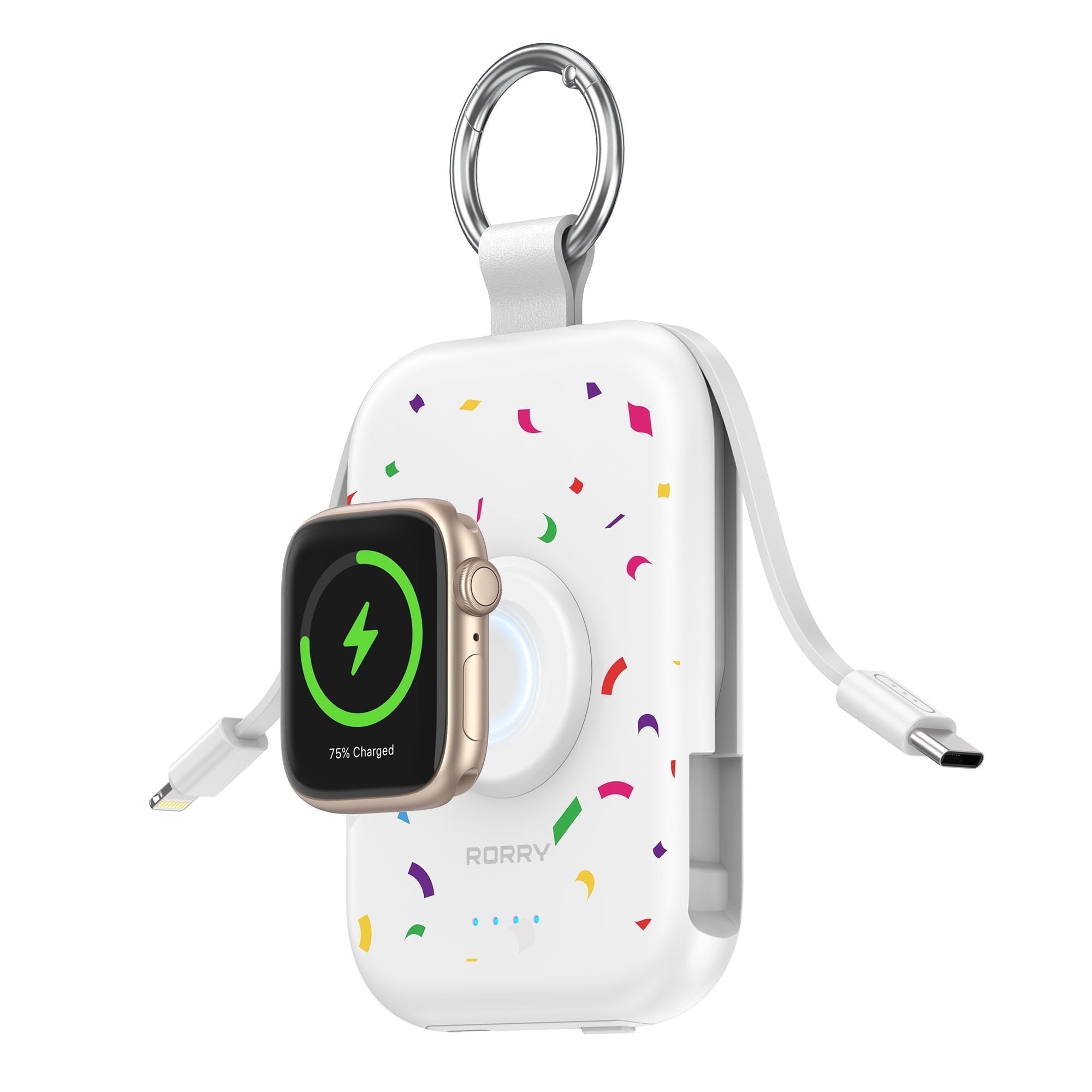 RORRY Portable Charger, 5000mAh Power Bank - Apple Watch Charger with Built-in Cables,Travel-Ready Portable Charger for iPhone 17/ 16/15/14 ,Android ,Apple Watch Ultra2/11/10/9/8, Confetti-White