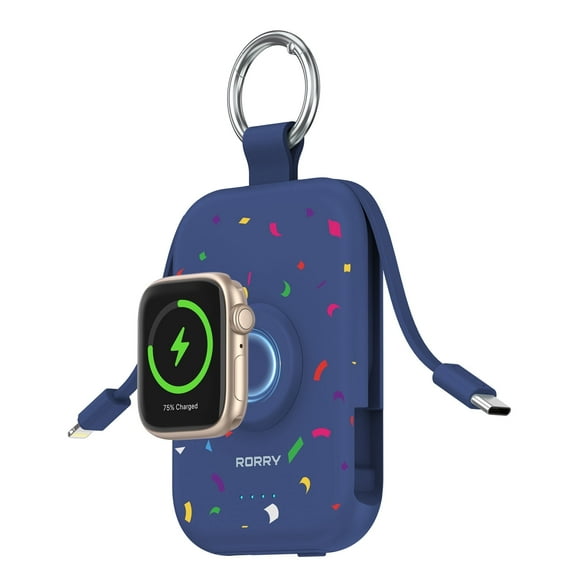 RORRY Portable Charger, 5000mAh Power Bank - Apple Watch Charger with Built-in Cables,Travel-Ready Portable Charger for iPhone 17/ 16/15/14 ,Android ,Apple Watch Ultra2/11/10/9/8, Confetti-Blue