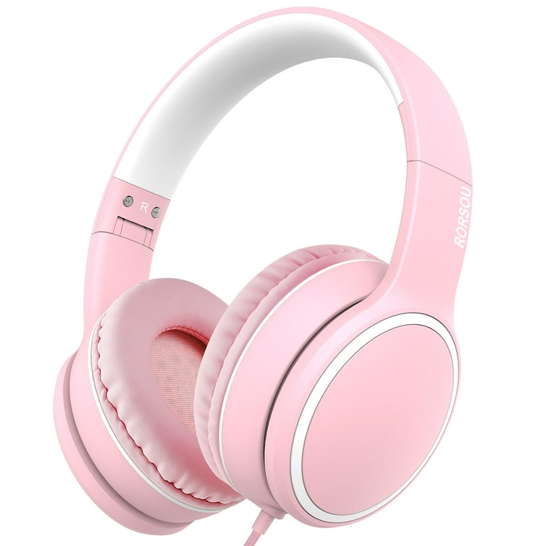 RORSOU Pink Kids Headphones with Microphone, Lightweight, Foldable