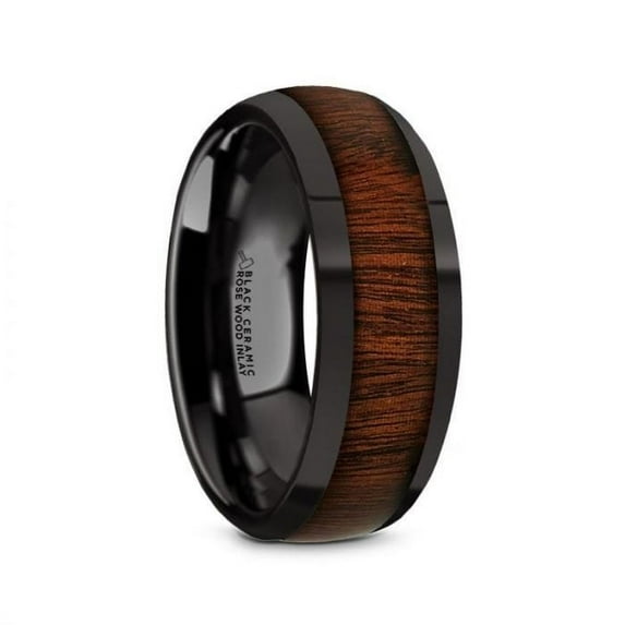 ROSAE Black Ceramic Domed Profile Polished Finish Men’s Wedding Band with Rose Wood Inlay - 8mm - Size 14