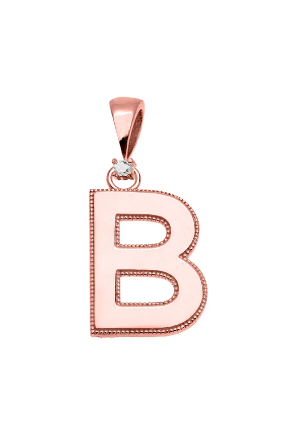 ROSE GOLD HIGH POLISH MILGRAIN SOLITAIRE DIAMOND "B" INITIAL PENDANT NECKLACE
