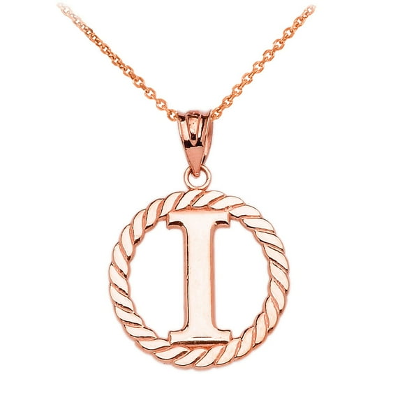 ROSE GOLD "I" INITIAL IN ROPE CIRCLE PENDANT NECKLACE : 10K Pendant with 18" chain