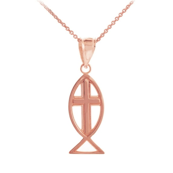 ROSE GOLD ICHTHUS (FISH) CROSS PENDANT NECKLACE : 10K Pendant with 22" chain