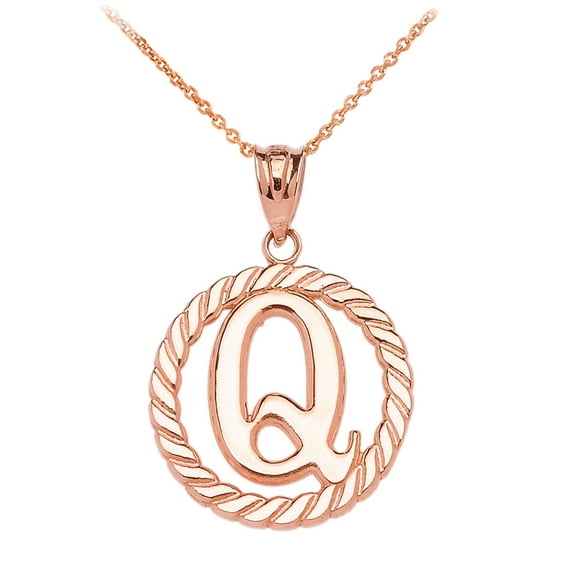ROSE GOLD "Q" INITIAL IN ROPE CIRCLE PENDANT NECKLACE : 10K Pendant with 22" chain
