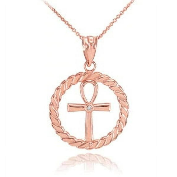 ROSE GOLD ROPED CIRCLE EGYPTIAN ANKH CROSS WITH DIAMOND PENDANT NECKLACE : 10K Pendant with 20" chain