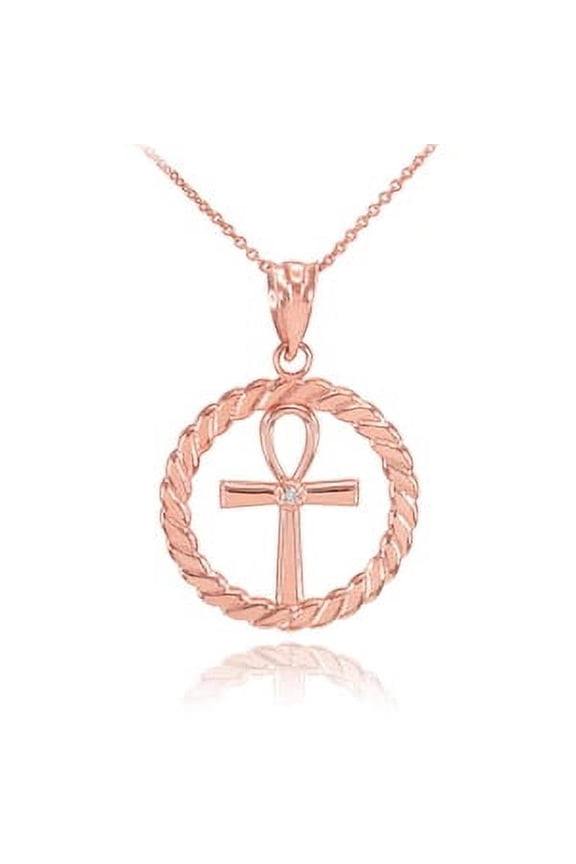 ROSE GOLD ROPED CIRCLE EGYPTIAN ANKH CROSS WITH DIAMOND PENDANT NECKLACE : 14K Pendant with 22" chain