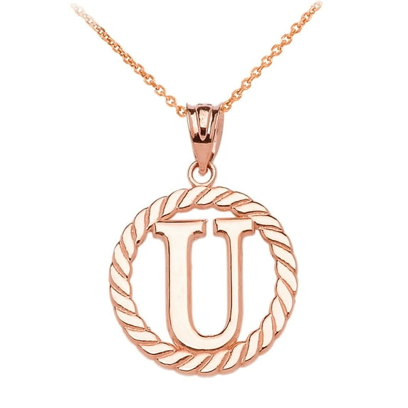 ROSE GOLD "U" INITIAL IN ROPE CIRCLE PENDANT NECKLACE : 10K Pendant with 16" chain