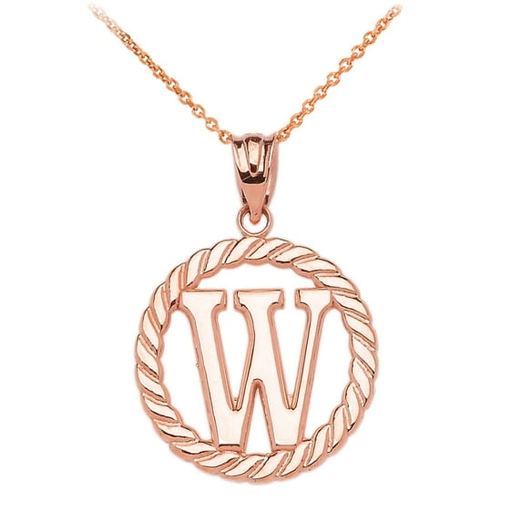ROSE GOLD "W" INITIAL IN ROPE CIRCLE PENDANT NECKLACE : 10K Pendant with 22" chain