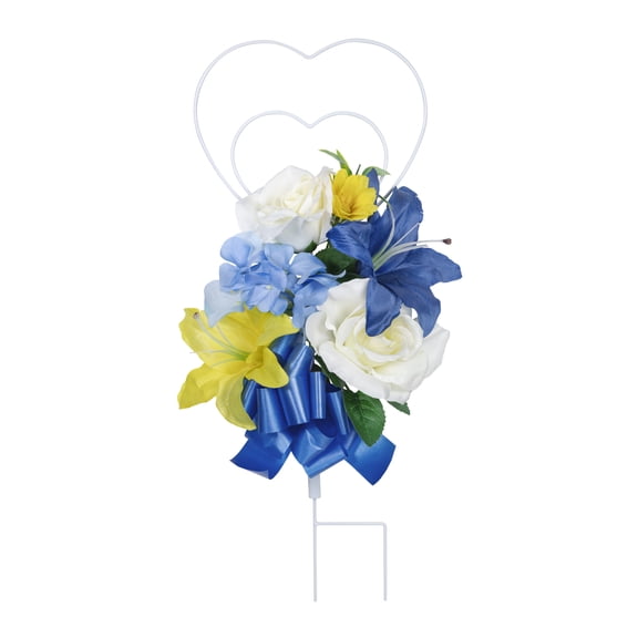 19-inch Artificial Silk Blue, Yellow & White Rose & Lily Mixed Cemetery Metal Stake, for Indoor/Outdoor Use, by Mainstays
