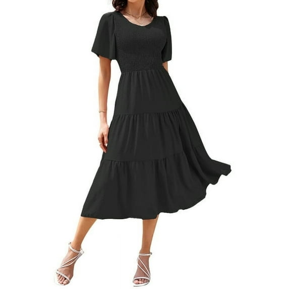 ROSE ROUND Summer Dresses For Women Casual V Neck Sundress Smocked Tiered Midi Dress Flutter Flowy Solid Short Sleeve Dress (Black,L)