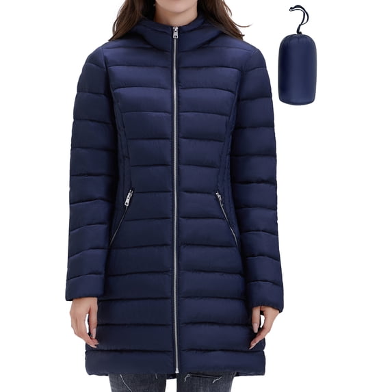 ROSE ROUND Women's Winter Warm Maxi Puffer Jacket Detachable Hood Long Quilted Puffer Coat (Black,L)
