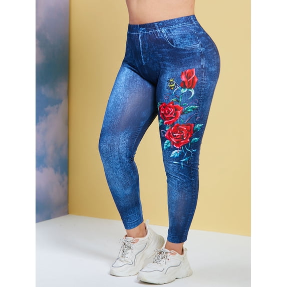 ROSEGAL 3D Print Insect Floral Rose Plus Size Jeggings Deep Blue 5X