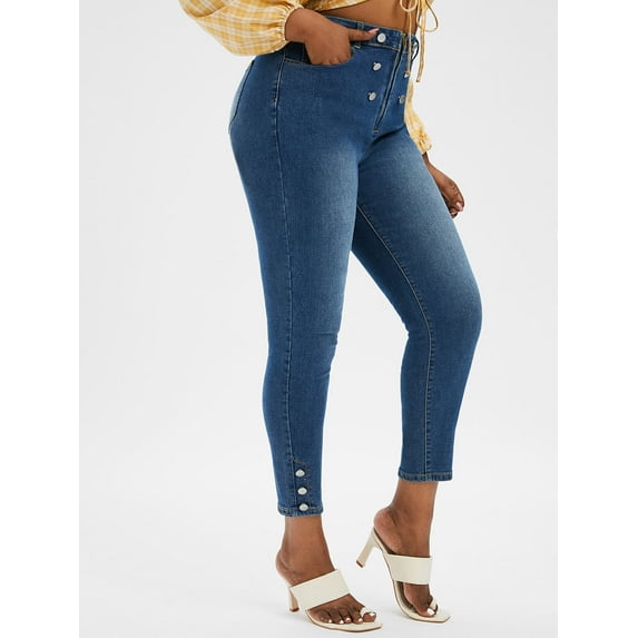 ROSEGAL Plus Size Zipper Fly Mock Button Jeans Deep Blue 4X