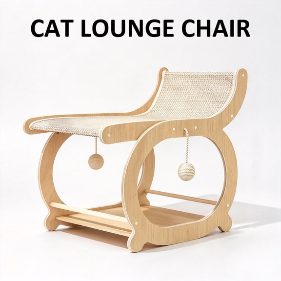 ROSEKIND 2-Level Wooden Cat Lounge Chair, Indoor Cat Bed with Woven Surface and Hanging Toys, Cat Furniture for Resting and Relaxing