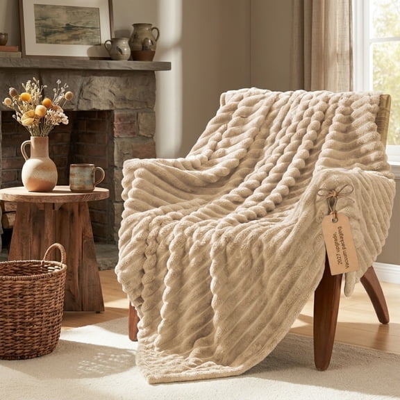 HAVENIA 3D Ribbed Flannel Throw Blanket, Soft Plush Lightweight All Season Blanket for Couch, Sofa, Bed, Chair and Travel