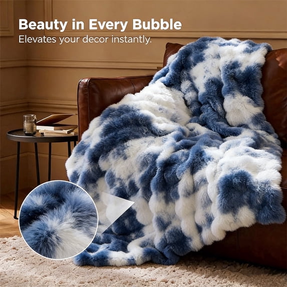 ROSEKIND 8lbs Faux Rabbit Fur Bubble Fleece Throw Blanket for Sofa & Bed, ultra-soft Cozy Gift for Adults & Friends, 90"x90", Tie-dye Blue