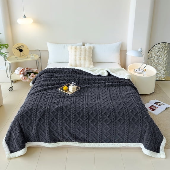 ROSEKIND Cable Jacquard Flannel Sherpa Reversible Throw Blanket