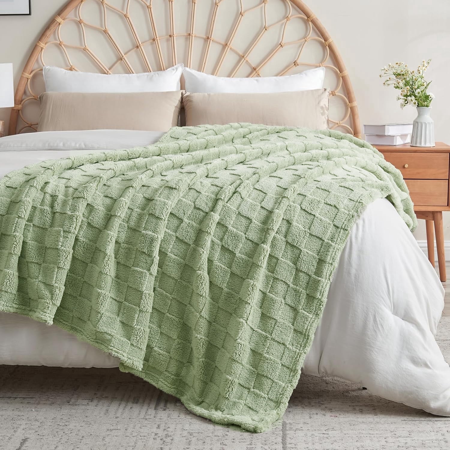 ROSEKIND Super-soft Aesthetic 3D Embossed Checkerboard Fleece Throw Blanket, Reversible Luxury Textured Fuzzy Plush Throw for Couch Bed Sofa, All-season, Sage Green, 60"x80"