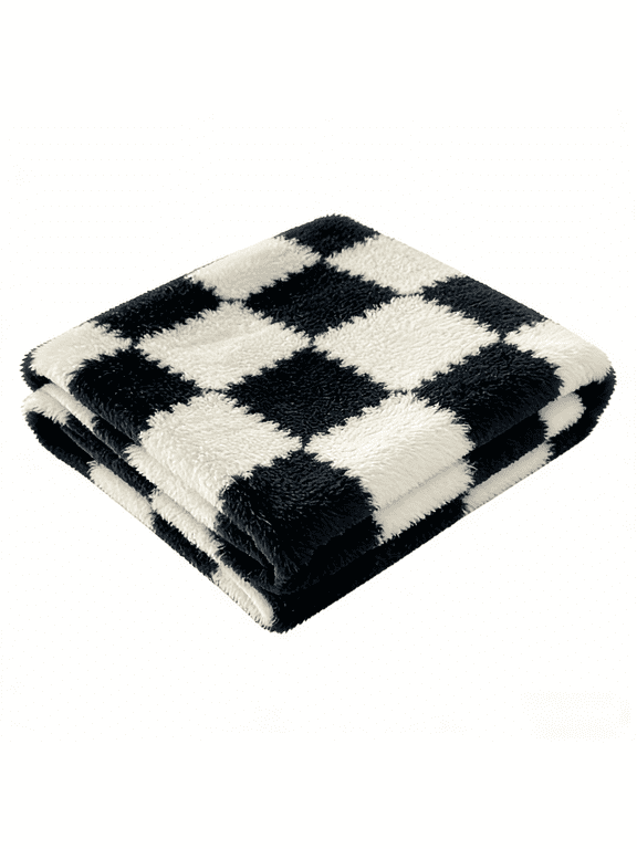 Colorful Checkered Flannel Blanket, Super Soft Aesthetic Checkerboard Throw, Thick Fuzzy Fleece Nap Blanket for Single Bed, Gifts for Men, Women and Pets, 50"x60", Midnight Black