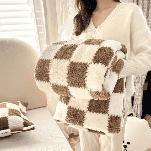 ROSEKIND Colorful Checkered Flannel Blanket, Super Soft Aesthetic Checkerboard Throw, Thick Fuzzy Fleece Nap Blanket for Single Bed, Gifts for Men, Women and Pets, 60"x80", Warm Mocha